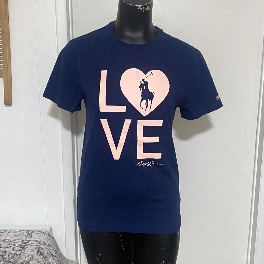 Polo Ralph Lauren LOVE Pink Pony Walk Navy Blue T Shirt Size Small - Picture 2 of 7